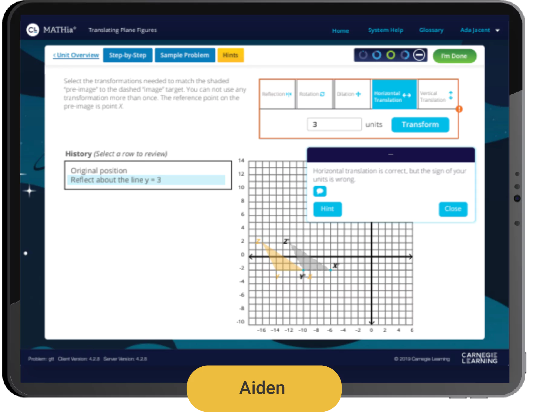 A MATHia screen is showing how Aiden solves a transformation problem differently than Emma