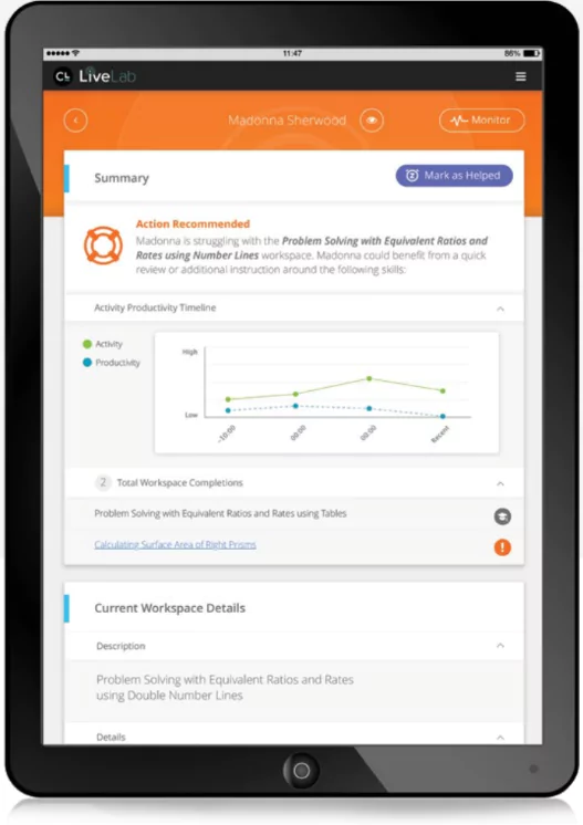 A screen shows recommendations on how a teacher can help a student named Madonna who is struggling with a MATHia workspace. The report is from LiveLab.