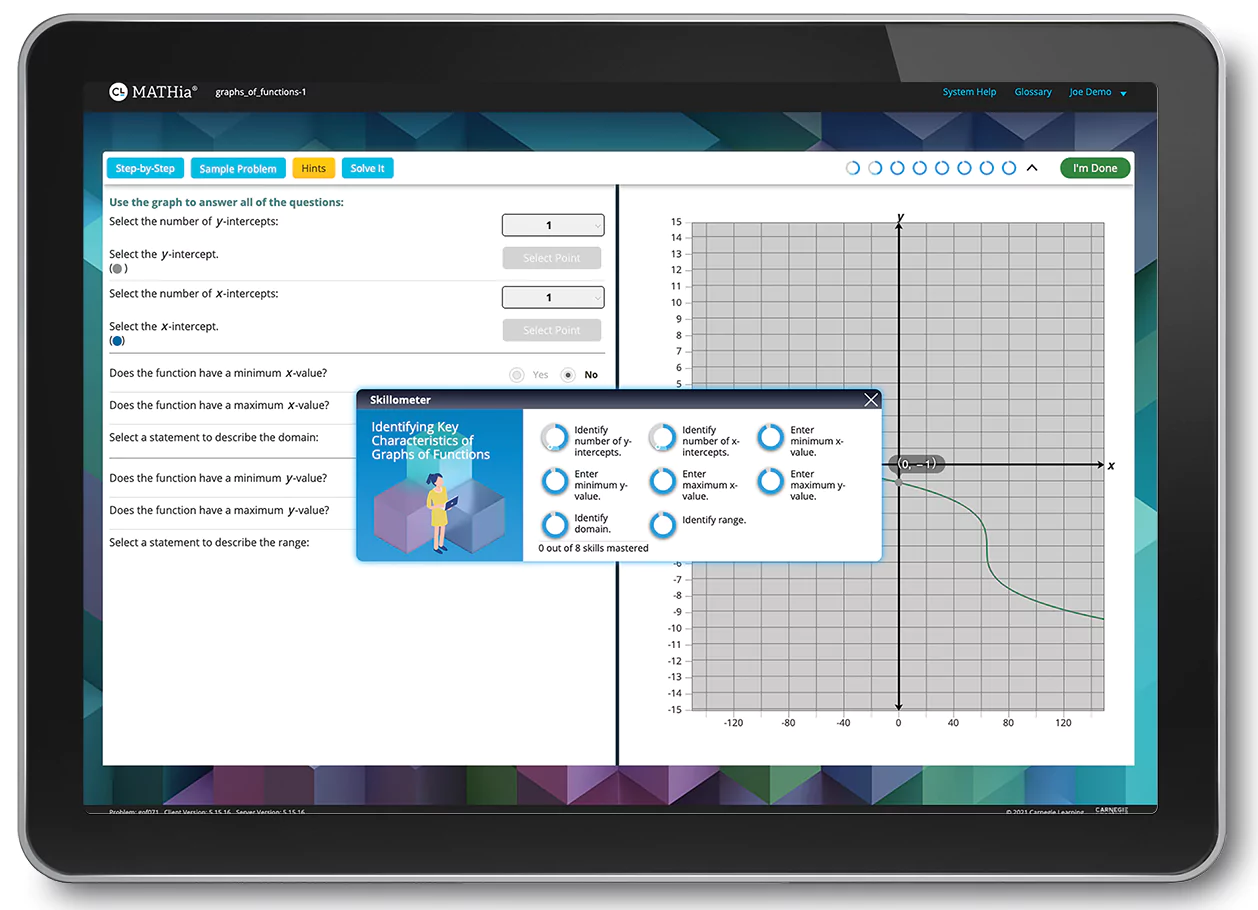 A MATHia screen shows that a student must master five skills to show mastery at using double number lines to determine equivalent ratios. The Skillometer circles fill as students demonstrate each skill