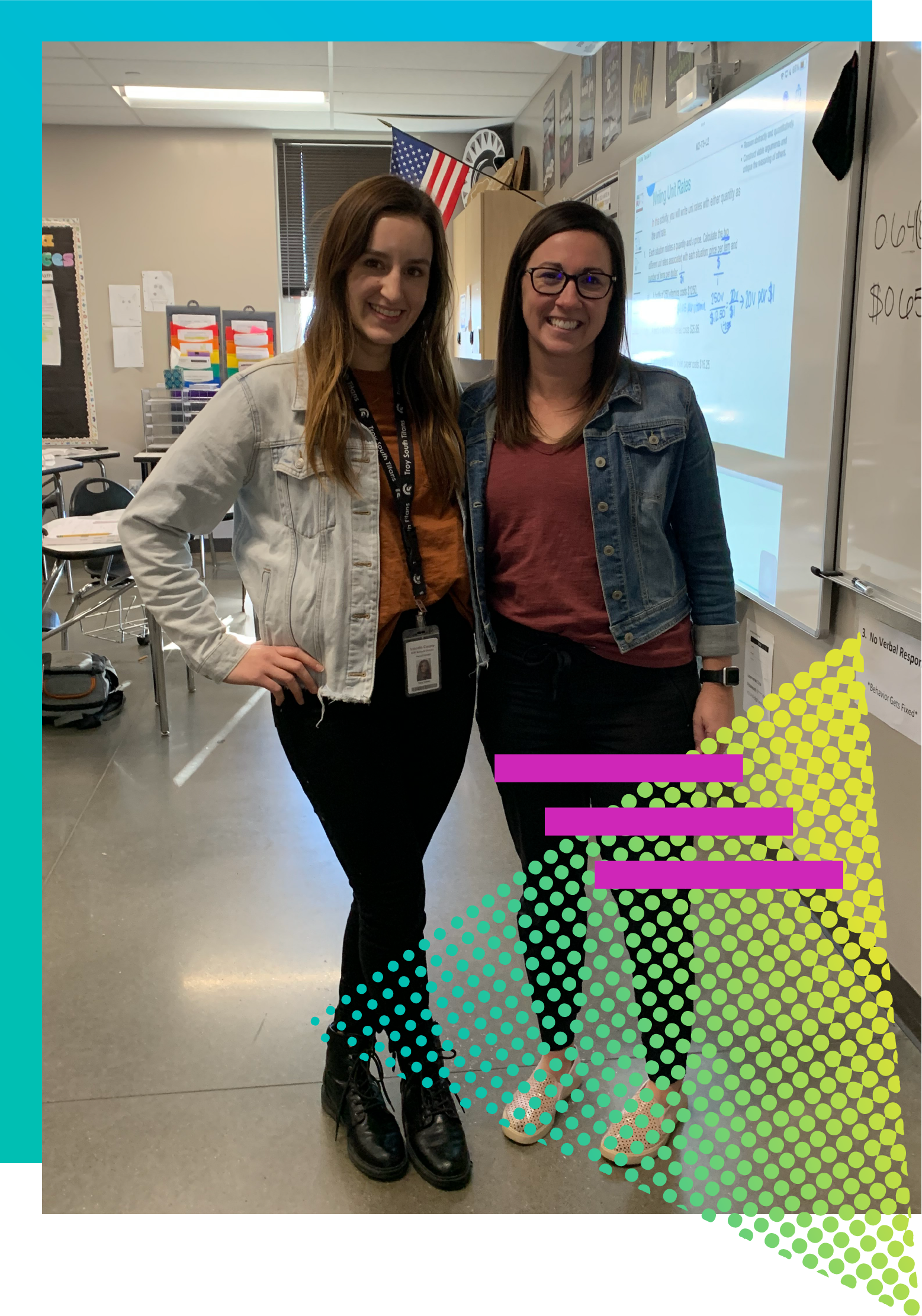 6th grade math teacher Casey Neidert and Lincoln County R-III School District instructional math coach standing next to each other and smiling in math classroom