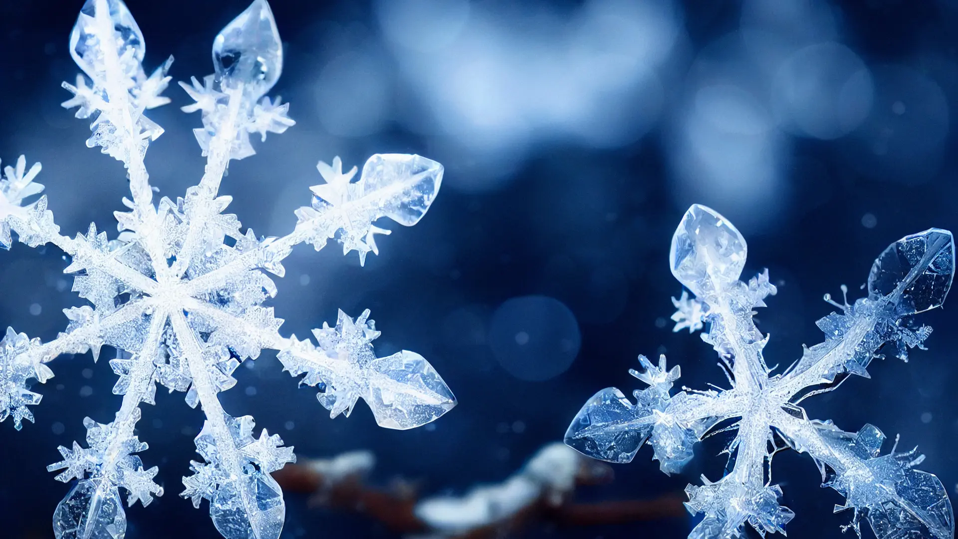 A close up image of two snowflakes with green, yellow, and blue shapes in the background.