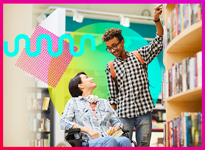 Two students in a school library smiling at each other