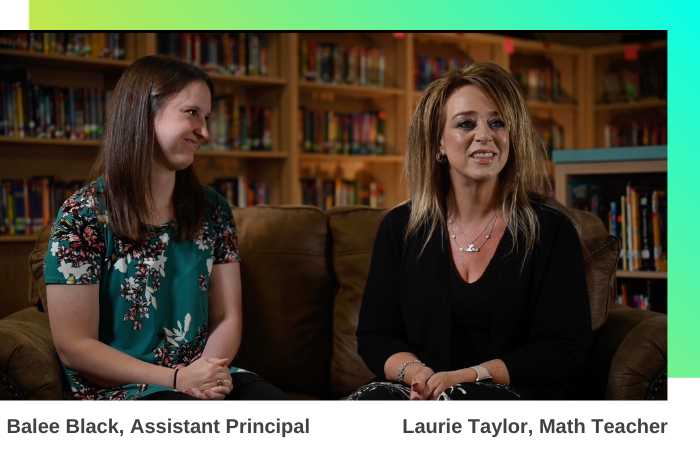 Two women sitting on a couch in a school library: Muleshoe Independent School District Assistant Principal Balee Black and Math teacher Laurie Taylor discuss their success with the Carnegie Learning Texas Math Solution.