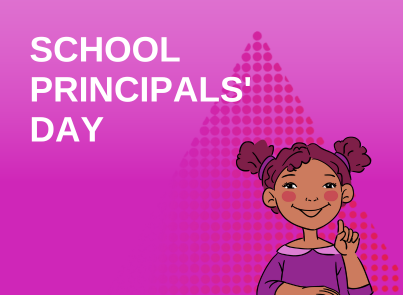 School Principals' Day on a purple background and an illustration of a smiling child