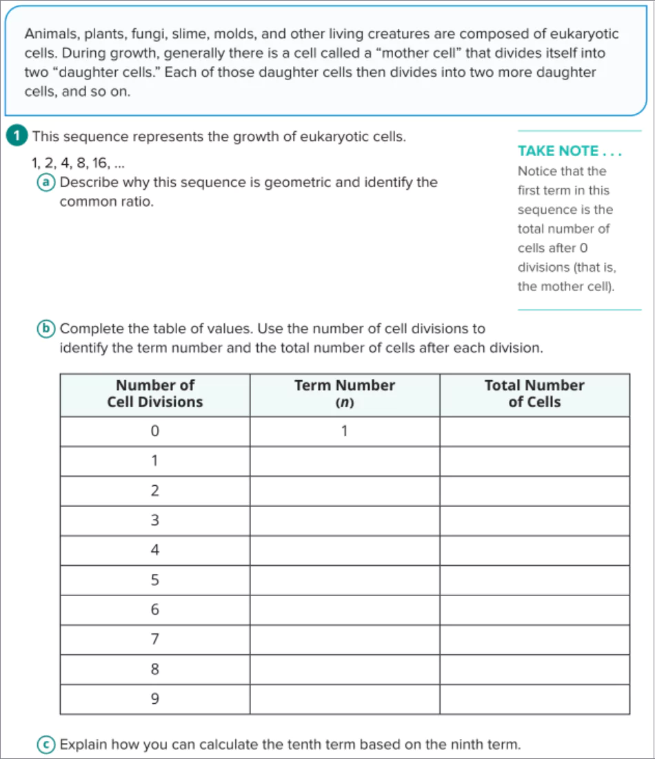 This image shows an example of a high-order math task that builds a deep conceptual understanding of math where students must complete a table with numbers of cell divisions to find a pattern.