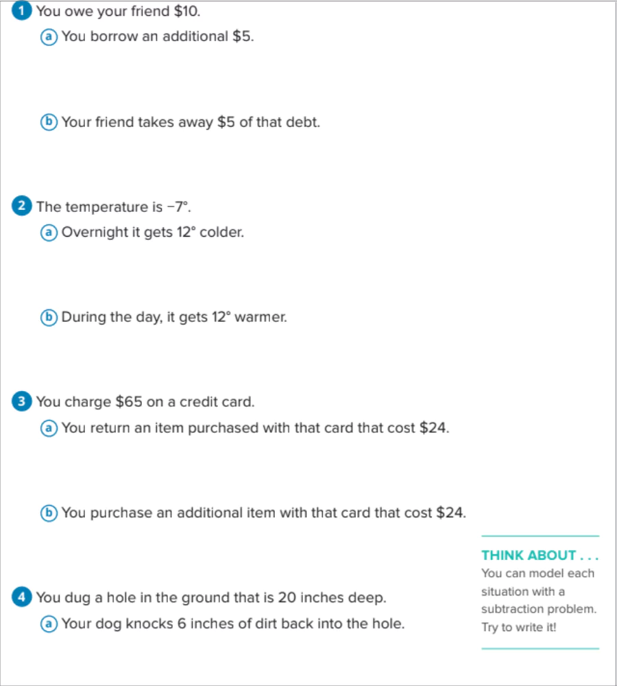 This image shows an example of real-world math scenarios from MATHbook, which is designed to build conceptual knowledge and not just mathematical shortcuts.