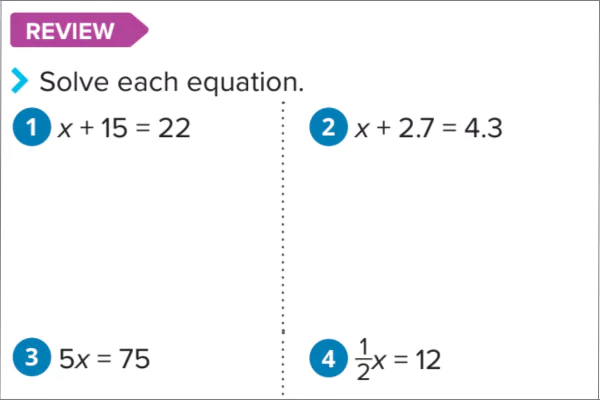 This image shows one-step algebra equations as an example of spiral review, a strategy to build conceptual knowledge.