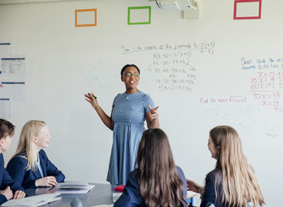 Teacher with group of students in math classroom