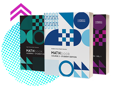 Three textbooks with covers that say Carnegie Learning MATHbook student edition for different courses