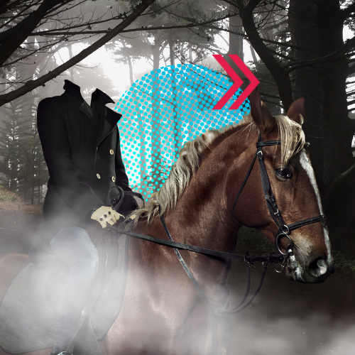 A headless horseman riding a horse in the woods