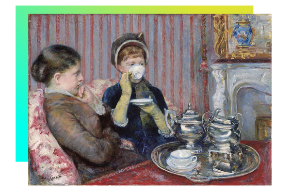 A painting of two women drinking tea