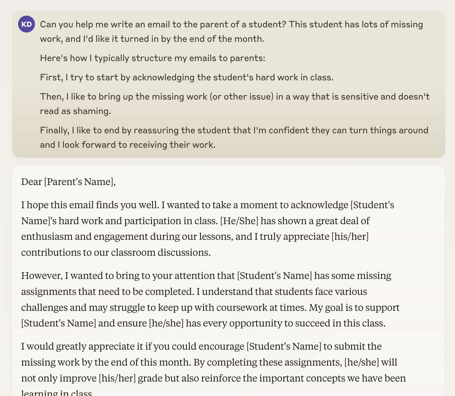 Screenshot from Claude AI illustrating how to prompt AI  to generate a parent letter
