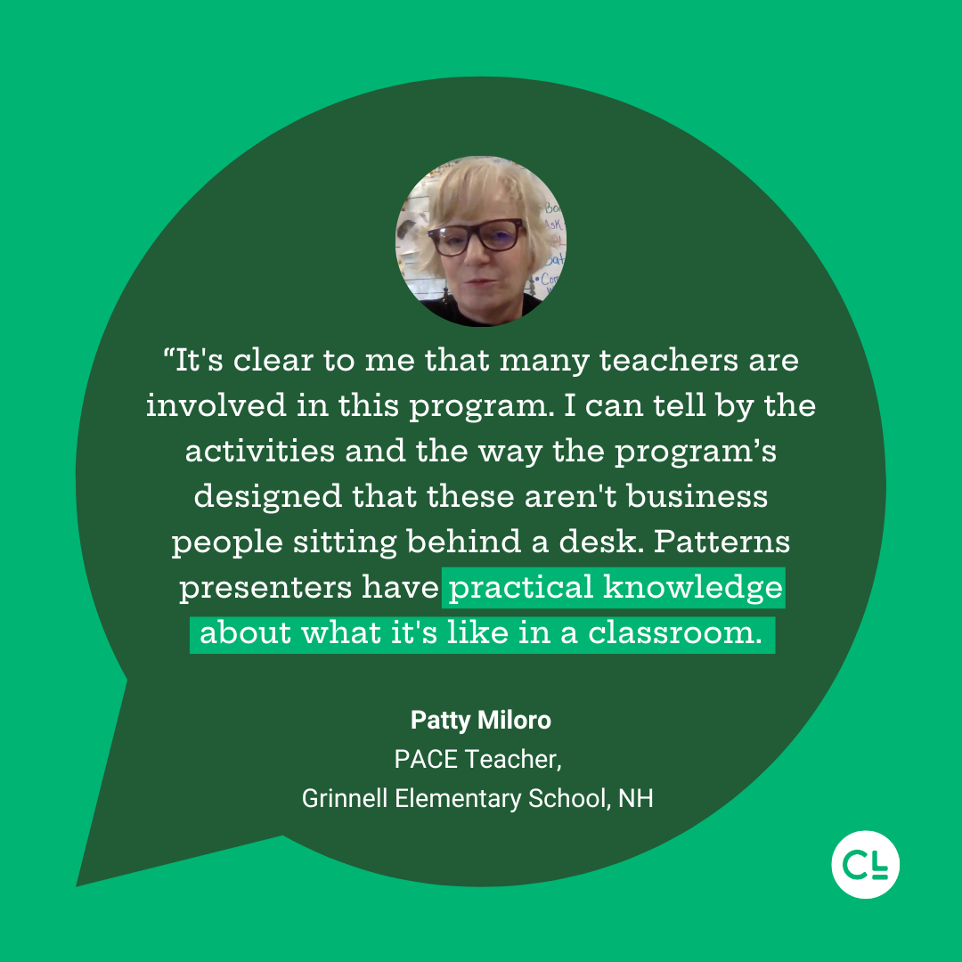 A testimonial from Patty Miloro, a PACE Teacher at Grinnell Elementary School in NH, is displayed. The text highlights the practical classroom insights of Patterns math professional development. Patty's photo appears in a portrait circle above the testimonial, against a green background.