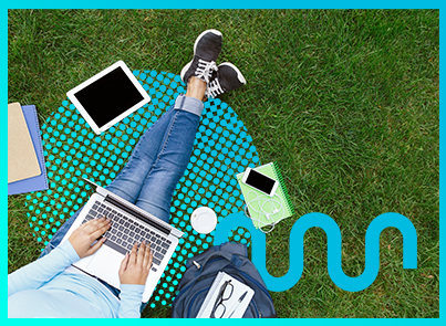 A middle school or high school student sitting on grass with laptop, tablet, phone, and books, enjoying reading living poets