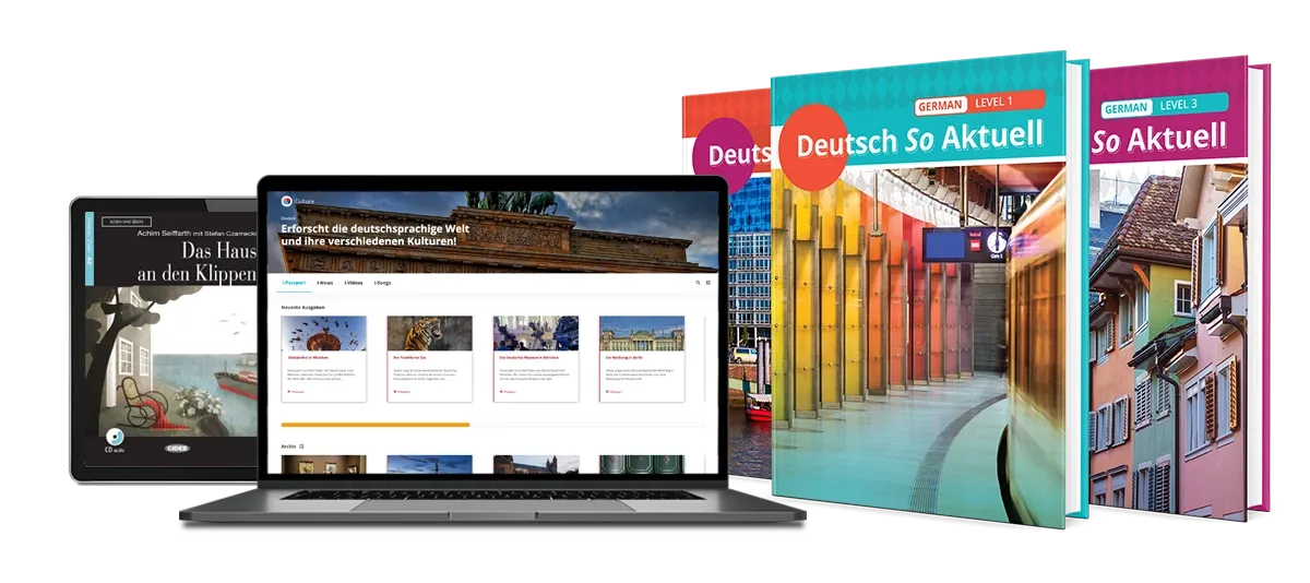 Three levels of Deutsch Aktuell textbook and screenshot of digital teaching and learning experience