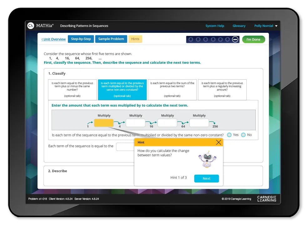 MATHia workspace with TutorBot giving a hint