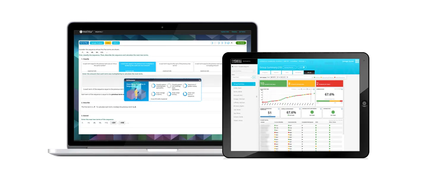 MATHia student workspace and teacher progress monitoring report