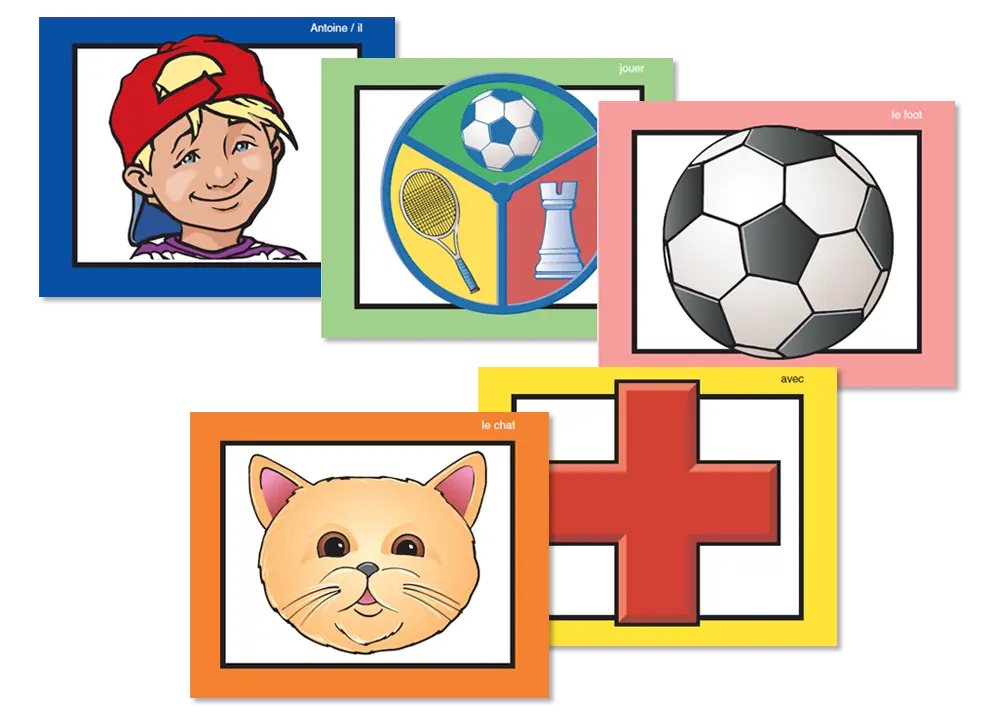 Symbol cards in Symtalk program including boy with hat, socceer, cat, medical, and more